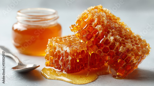 Freshly harvested honeycomb drizzled with golden honey, ready for tasting and enjoying