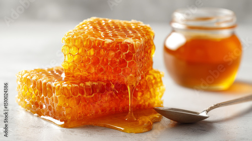 Fresh honeycomb drips golden honey beside a jar and spoon on a countertop