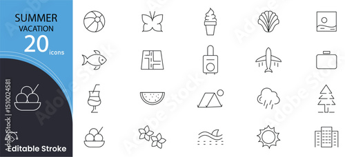 Summer vacation related Editable line Icon set. Travel, sea, surfing, beach, hotel, airport, tickets, tour and relax outline icon collection. Editable stroke.