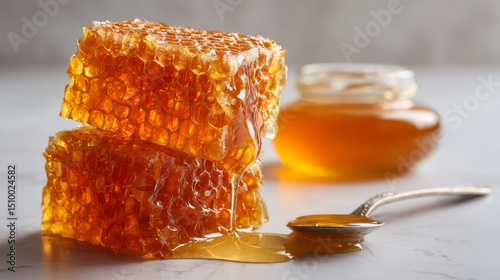 Natural honeycomb with flowing honey and a spoon on a marble surface at a cozy kitchen setting