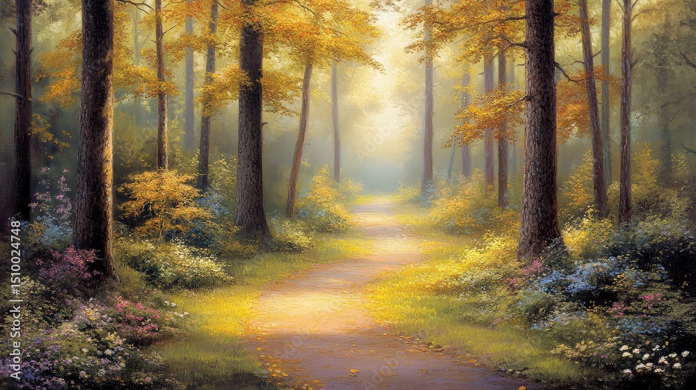 Obraz premium A quiet path in the woods surrounded by low-hanging fog and densely packed trees