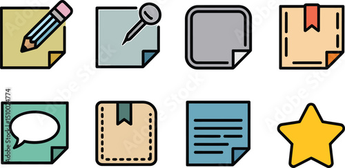 Flat Design Vector Illustration of a Pencil on a Yellow Sticky Note for Creative Writing and Reminders on a Plain Backdrop