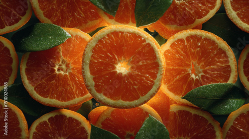 Vibrant arrangement of fresh orange slices with green leaves on a dark background showcasing their juicy texture and color