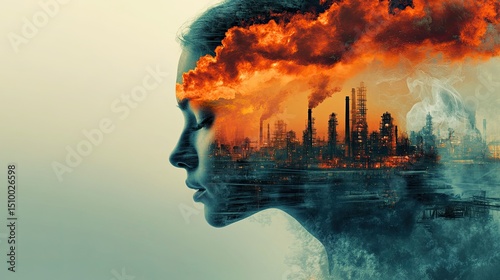 A contemplative woman s silhouette filled with a burning cityscape embodying the weight of climate change and