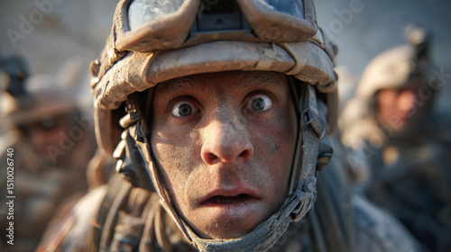 Soldier displays intense emotion during military operation in desert environment