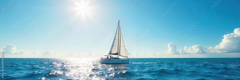 Fototapeta premium A vibrant sailboat glides across a sun-drenched ocean, the white sails billowing in a gentle breeze under a bright blue sky Perfect for travel, adventure, and nautical themes , blue, clouds, sun