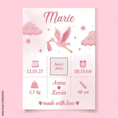 Pink birth announcement card template Stork delivers baby girl