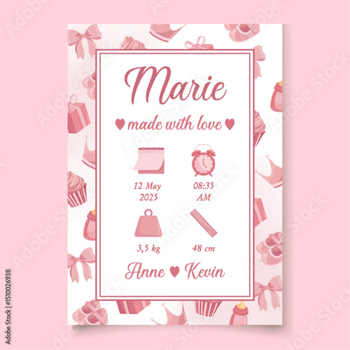 Cute pink baby announcement card template New born girl birth details