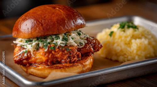 Crispy chicken sandwich served with seasoned rice at a casual dining restaurant