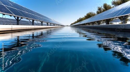 Solar panels above canal irrigation system reflecting clear blue sky and tranquil water