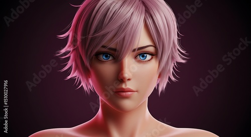 Animated Woman with Short Pink Hair and Blue Eyes Close Up