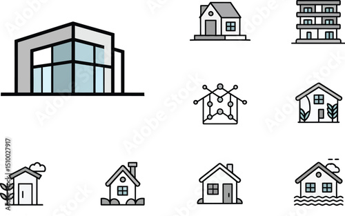 Modern Architecture Icon Set Contemporary Building Designs Urban Landscape Elements Real Estate Development Concepts