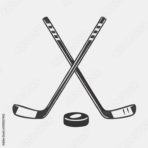 Crossed Hockey Sticks and Puck Icon Set – Black and Colorful Flat Design Illustrations for Ice Hockey, Winter Sports, and Team Logos. Hockey Stick Logo Vector Template Design. 