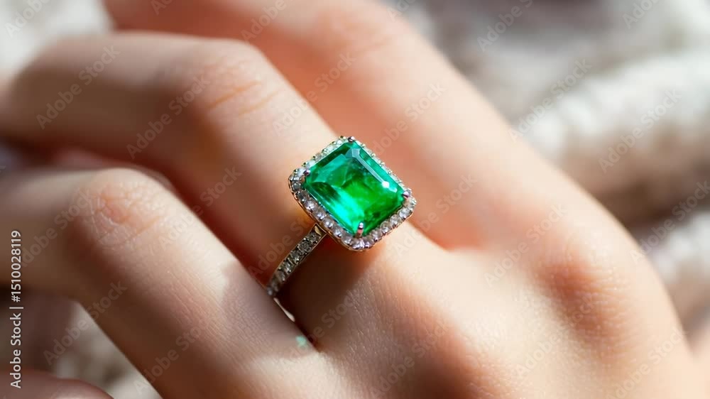 Ring with a bright emerald shimmers with a green glow on her finger. The emerald accentuates the delicate sophistication of the jewelry