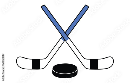 Crossed Hockey Sticks and Puck Icon Set – Black and Colorful Flat Design Illustrations for Ice Hockey, Winter Sports, and Team Logos. Hockey Stick Logo Vector Template Design. 