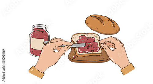 hands spreading jam on a slice of bread with a jar on a wooden cutting board against a white background