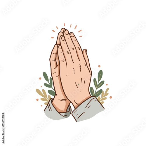 hands in a praying gesture with foliage decorations on a white background