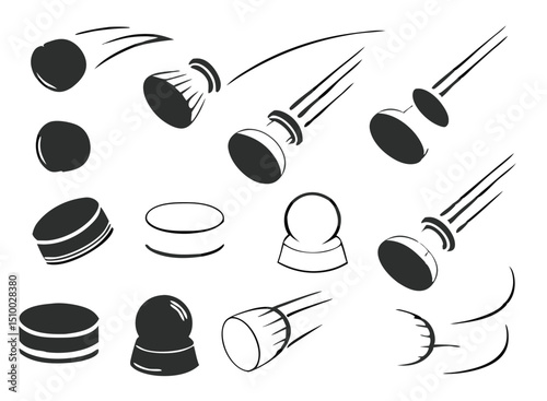 Hockey Puck Clipart Set – Black and White Vector Illustrations with Motion Effects, Speed Lines, and Impact Bursts for Sports Design. Hockey puck Ice hockey Hockey stick, Cartoon Hockey.