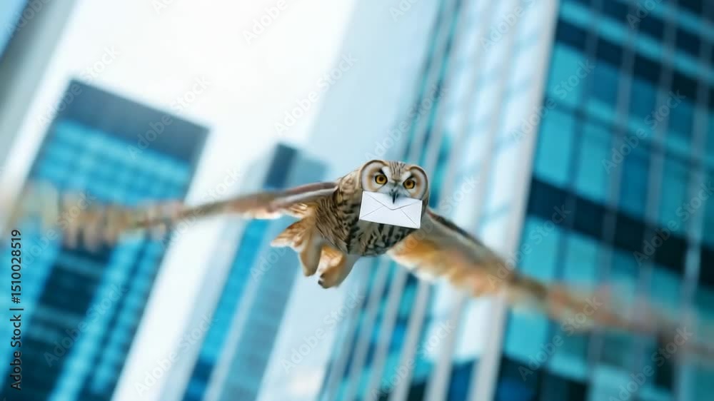 Owl with an envelope flies past the glass city towers, the owl demonstrates the speed of delivery among modern high-rises
