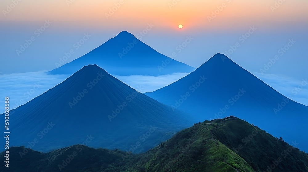 Fototapeta premium Volcanic peaks at sunrise through a sea of clouds