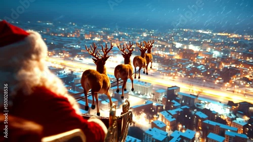 Reindeer soar over the shining city carrying Santa in a sleigh, highlighting the festive miracle and the night journey, Christmas tale