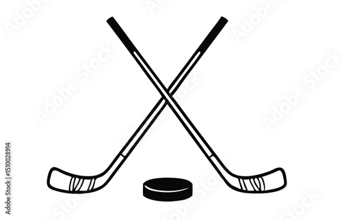 Crossed Hockey Sticks and Puck Icon Set – Black and Colorful Flat Design Illustrations for Ice Hockey, Winter Sports, and Team Logos. Hockey Stick Logo Vector Template Design. 