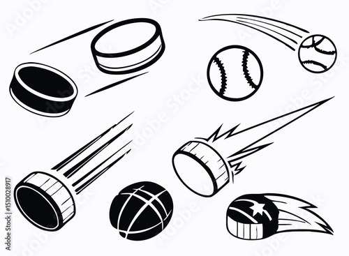 Hockey Puck Clipart Set – Black and White Vector Illustrations with Motion Effects, Speed Lines, and Impact Bursts for Sports Design. Hockey puck Ice hockey Hockey stick, Cartoon Hockey.