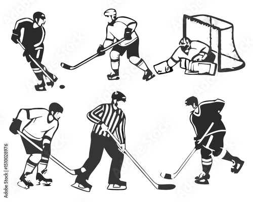 Ice Hockey Player Winter Sports Hockey Player Hockey Stickers Cut Files. Vintage Ice Hockey Player and Referee Vector Set – Black and White Sports Silhouettes and Illustrations.