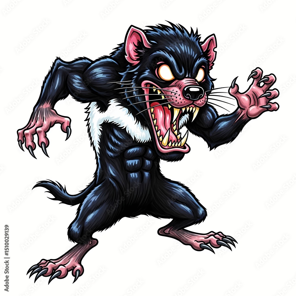 Fototapeta premium cartoon caricature illustration of a crazy funny wild Tasmanian devil. cartoon devil, caricature animal, crazy animal, wild creature, exaggerated face, expressive animal, comic illustration, furry 