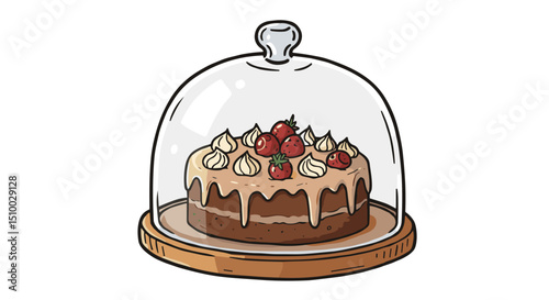 chocolate cake with strawberries under a glass dome on a wooden plate against a white background