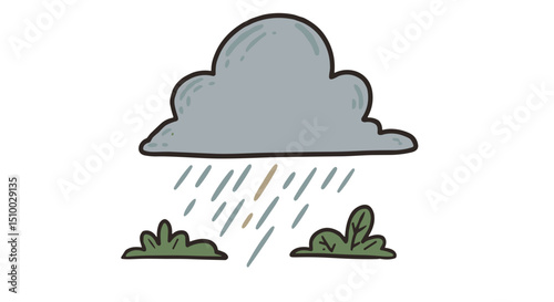 cloud with rain falling on green plants in a simplistic style against a white background