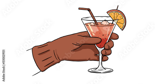 gloved hand holding a cocktail glass with an orange slice and straw against a white background