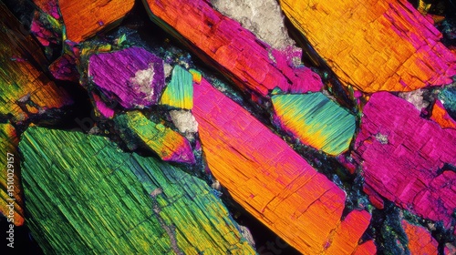 Calcite twin crystals under polarizing microscope, scientific mineralogy study with vibrant color contrast