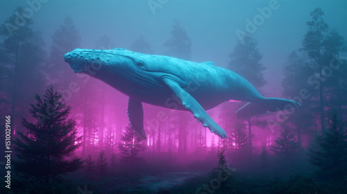 Humpback whale swims gracefully through misty forest with ethereal lights at dusk
