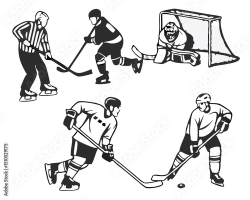 Ice Hockey Player Winter Sports Hockey Player Hockey Stickers Cut Files. Vintage Ice Hockey Player and Referee Vector Set – Black and White Sports Silhouettes and Illustrations.