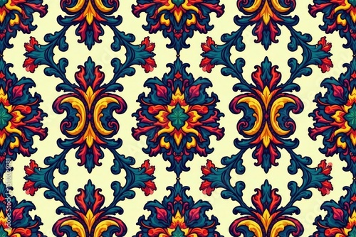 Symmetrical damask pattern, repeating arabesque motif, interior, elegant, surface