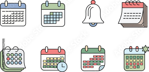 Vibrant Flat Vector Calendar Icons Set for Time Management, Scheduling, and Reminders on White Background