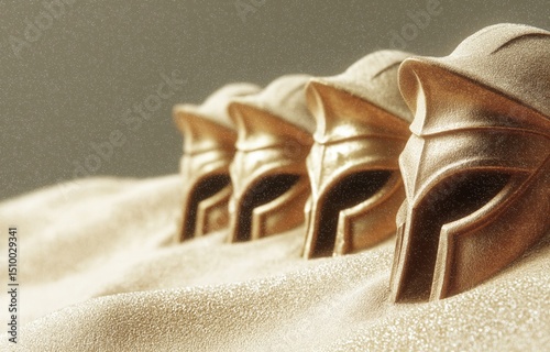 Strategic alignment of phalanx shields with golden helmets resting in fine sand, embodying strength and unity