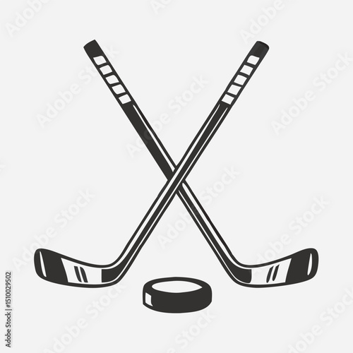 Crossed Hockey Sticks and Puck Icon Set – Black and Colorful Flat Design Illustrations for Ice Hockey, Winter Sports, and Team Logos. Hockey Stick Logo Vector Template Design. 