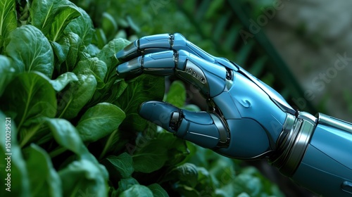 Robotic Hand tending plants: A robotic hand, with sleek metallic design, delicately tends to vibrant green plants, symbolizing innovation in agriculture and technology's embrace of nature.