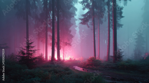 Mysterious forest illuminated by glowing light amidst dense mist and tall trees late at night