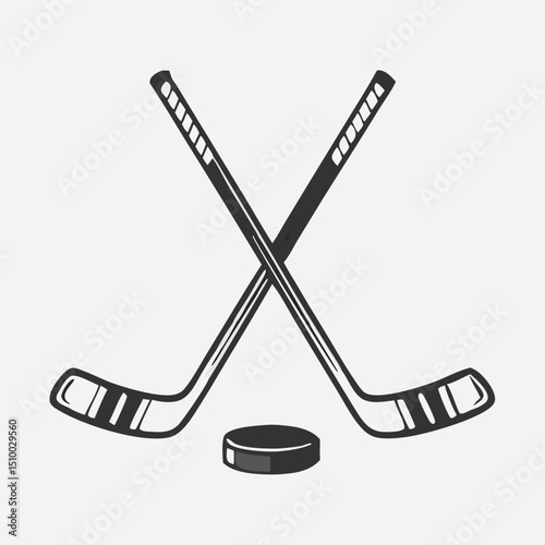 Crossed Hockey Sticks and Puck Icon Set – Black and Colorful Flat Design Illustrations for Ice Hockey, Winter Sports, and Team Logos. Hockey Stick Logo Vector Template Design. 