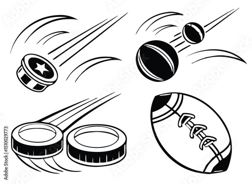 Hockey Puck Clipart Set – Black and White Vector Illustrations with Motion Effects, Speed Lines, and Impact Bursts for Sports Design. Hockey puck Ice hockey Hockey stick, Cartoon Hockey.