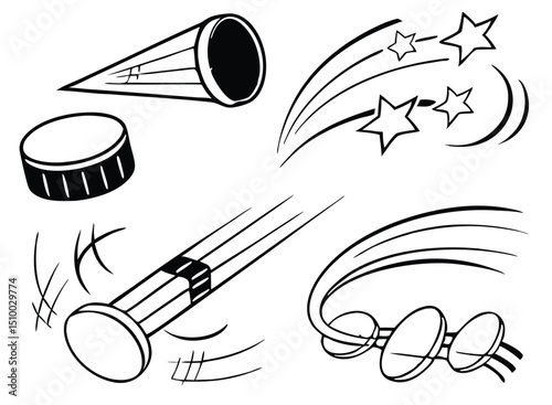 Hockey Puck Clipart Set – Black and White Vector Illustrations with Motion Effects, Speed Lines, and Impact Bursts for Sports Design. Hockey puck Ice hockey Hockey stick, Cartoon Hockey.
