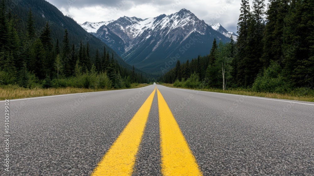 Fototapeta premium Road to the Majestic Peaks: An open road stretches towards the snowy peaks of the majestic mountains, framed by lush trees, promising adventure and the call of the wild.