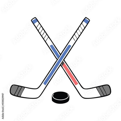 Crossed Hockey Sticks and Puck Icon Set – Black and Colorful Flat Design Illustrations for Ice Hockey, Winter Sports, and Team Logos. Hockey Stick Logo Vector Template Design. 