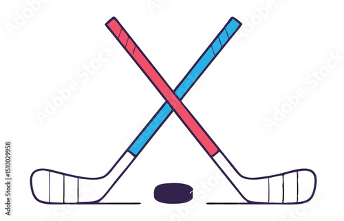 Crossed Hockey Sticks and Puck Icon Set – Black and Colorful Flat Design Illustrations for Ice Hockey, Winter Sports, and Team Logos. Hockey Stick Logo Vector Template Design. 