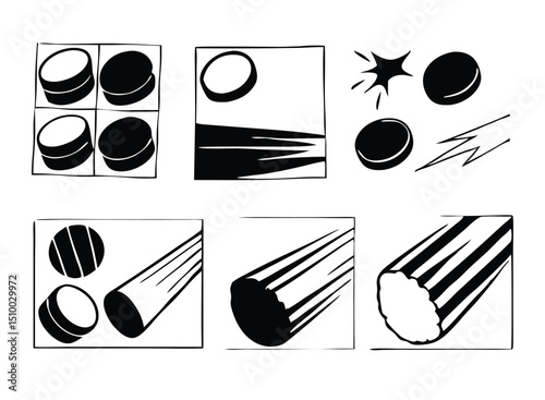 Hockey Puck Clipart Set – Black and White Vector Illustrations with Motion Effects, Speed Lines, and Impact Bursts for Sports Design. Hockey puck Ice hockey Hockey stick, Cartoon Hockey.