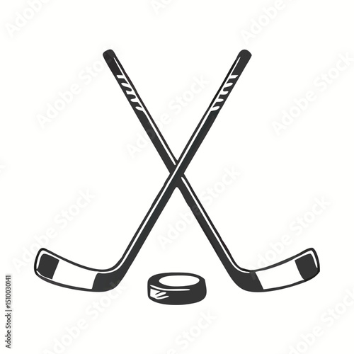 Crossed Hockey Sticks and Puck Icon Set – Black and Colorful Flat Design Illustrations for Ice Hockey, Winter Sports, and Team Logos. Hockey Stick Logo Vector Template Design. 