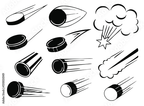 Hockey Puck Clipart Set – Black and White Vector Illustrations with Motion Effects, Speed Lines, and Impact Bursts for Sports Design. Hockey puck Ice hockey Hockey stick, Cartoon Hockey.